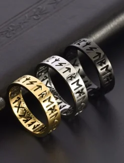 Men's Norse Rune Ring – Engraved Stainless Steel Viking Symbol Band, Nordic Mythology Jewelry for Men and Women
