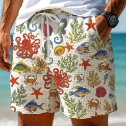 Men's Octopus Shell Sea Creatures Waffle Shorts Sweat Shorts Casual Shorts Mid Waist Fashion Casual Vacation Jogging Workout Elastic Drawstring Waist Shorts with Pockets Designer Clothing Apparel