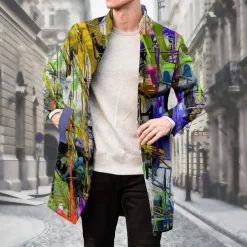 Men's Oil Painting Winter Coat Fleece Jacket Overcoat Thermal Comfortable Artistic Casual Party Daily Wear Buttons 3D Print Front Pocket Winter Turndown Long Sleeve Yellow Blue Purple