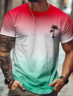 Men's Ombre Coconut Palm T Shirt Short Sleeve T shirt 3D Print Crew Neck Shirt Tropical Hawaiian Vacation Street Daily Blue Purple Green Summer Spring Clothing Apparel S M L XL XXL XXXL