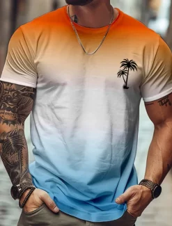 Men's Ombre Coconut Palm T Shirt Short Sleeve T shirt 3D Print Crew Neck Shirt Tropical Hawaiian Vacation Street Daily Blue Purple Green Summer Spring Clothing Apparel S M L XL XXL XXXL