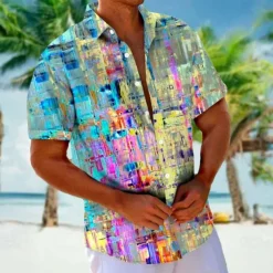 Men's Ombre Geometic Casual Shirt Button Up Shirt Aloha Shirt Short Sleeve Hawaiian Resort Vacation Casual Summer Spring Turndown Button Up Blue