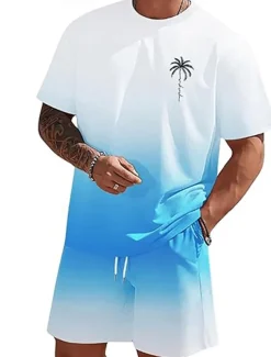Men's Ombre Palm Tree 2pcs Tees sets Summer Tops Short Sleeve Short Pants Crew Neck beach vacation Sport Daily Going out 3D Print Summer White Blue Green
