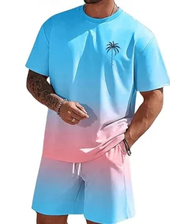 Men's Ombre Palm Tree 2pcs Tees sets Summer Tops Short Sleeve Short Pants Crew Neck beach vacation Sport Daily Going out 3D Print Summer White Blue Green