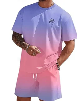 Men's Ombre Palm Tree 2pcs Tees sets Summer Tops Short Sleeve Short Pants Crew Neck beach vacation Sport Daily Going out 3D Print Summer White Blue Green