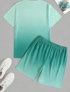 Men's Ombre Palm Tree 2pcs Tees sets Summer Tops Short Sleeve Short Pants Crew Neck beach vacation Sport Daily Going out 3D Print Summer White Blue Green