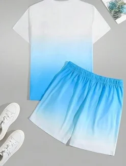 Men's Ombre Palm Tree 2pcs Tees sets Summer Tops Short Sleeve Short Pants Crew Neck beach vacation Sport Daily Going out 3D Print Summer White Blue Green