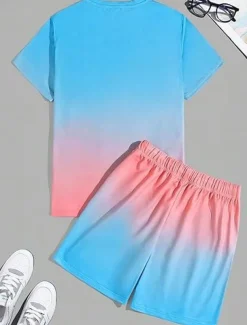 Men's Ombre Palm Tree 2pcs Tees sets Summer Tops Short Sleeve Short Pants Crew Neck beach vacation Sport Daily Going out 3D Print Summer White Blue Green