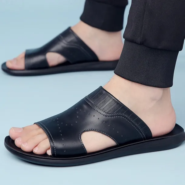 Men's Open-Toe Embossed Faux Leather Sandals – Casual Slip-On Design with Breathable Perforations for Summer Outdoor Wear