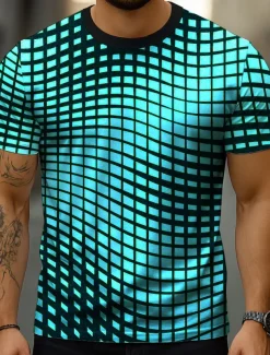 Men's Optical Illusion Abstract 3D T Shirt Short Sleeve T shirt 3D Print Crew Neck Shirt Exaggerated Designer Party Street Casual Blue Purple Green Summer Spring All Seasons Clothing Apparel S M L XL