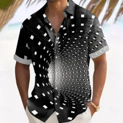 Men's Optical Illusion Grid / Plaid Shirt Summer Shirt Button Up Shirt Short Sleeve Fashion Casual Outdoor Vacation Dailywear Summer Spring Turndown 3D Print Collared Shirts Front One Pocket Black