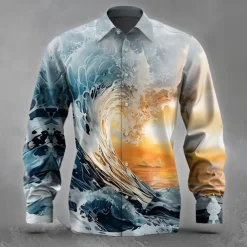 Men's Optical Illusion Ocean Sunset Shirt Button Up Shirt Long Sleeve Fashion Casual Holiday Streetwear Summer Spring Turndown 3D Print Collared Shirts Blue 1# Blue
