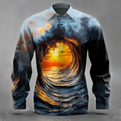 Men's Optical Illusion Ocean Sunset Shirt Button Up Shirt Long Sleeve Fashion Casual Holiday Streetwear Summer Spring Turndown 3D Print Collared Shirts Blue 1# Blue