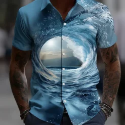 Men's Optical Illusion Ocean Waves Summer Hawaiian Shirt Button Up Shirt Aloha Shirt Short Sleeve Hawaiian Vacation Beach Wear Summer Spring Turndown 3D Print Collared Shirts Blue 2# Blue 1# Blue