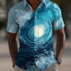 Men's Optical Illusion Ocean Waves Summer Hawaiian Shirt Button Up Shirt Aloha Shirt Short Sleeve Hawaiian Vacation Beach Wear Summer Spring Turndown 3D Print Collared Shirts Blue 2# Blue 1# Blue