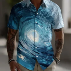 Men's Optical Illusion Ocean Waves Summer Hawaiian Shirt Button Up Shirt Aloha Shirt Short Sleeve Hawaiian Vacation Beach Wear Summer Spring Turndown 3D Print Collared Shirts Blue 2# Blue 1# Blue