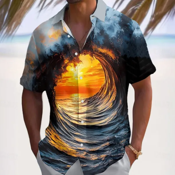 Men's Optical Illusion Ocean Sunset Summer Hawaiian Shirt Button Up Shirt Aloha Shirt Short Sleeve Hawaiian Vacation Beach Wear Summer Spring Turndown 3D Print Collared Shirts Light Blue Black Blue