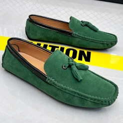Men's Orange and Blue Suede Driving Loafers with Tassel Detail and Non-Slip Rubber Sole - Stylish and Comfortable for Casual and Driving Wear