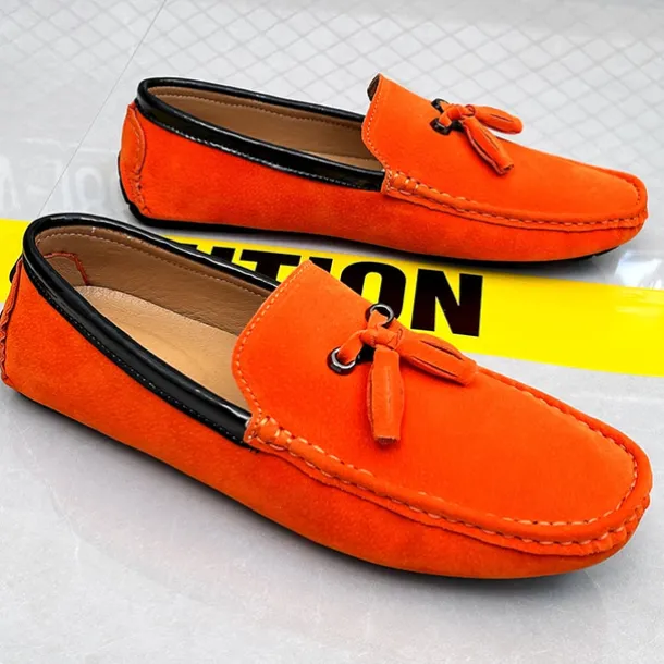 Men's Orange and Blue Suede Driving Loafers with Tassel Detail and Non-Slip Rubber Sole - Stylish and Comfortable for Casual and Driving Wear