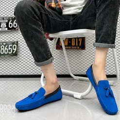 Men's Orange and Blue Suede Driving Loafers with Tassel Detail and Non-Slip Rubber Sole - Stylish and Comfortable for Casual and Driving Wear