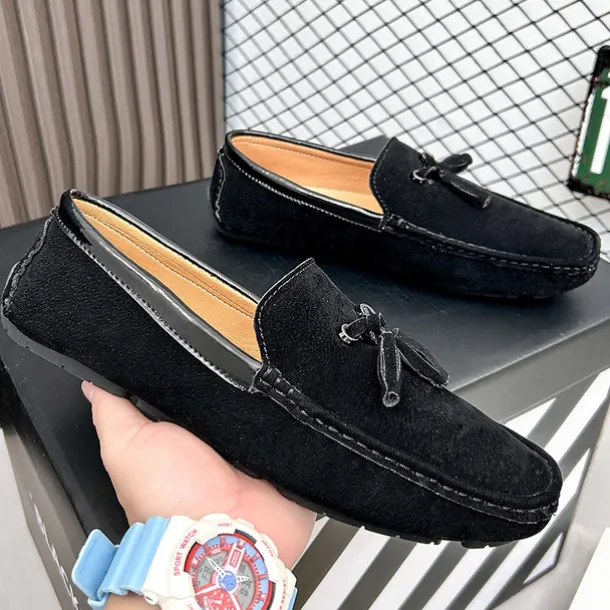 Men's Orange and Blue Suede Driving Loafers with Tassel Detail and Non-Slip Rubber Sole - Stylish and Comfortable for Casual and Driving Wear