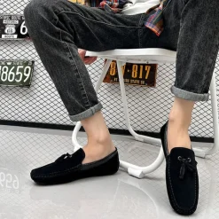 Men's Orange and Blue Suede Driving Loafers with Tassel Detail and Non-Slip Rubber Sole - Stylish and Comfortable for Casual and Driving Wear