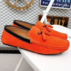 Men's Orange and Blue Suede Driving Loafers with Tassel Detail and Non-Slip Rubber Sole - Stylish and Comfortable for Casual and Driving Wear