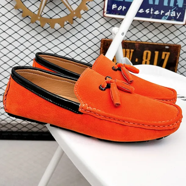 Men's Orange and Blue Suede Driving Loafers with Tassel Detail and Non-Slip Rubber Sole - Stylish and Comfortable for Casual and Driving Wear