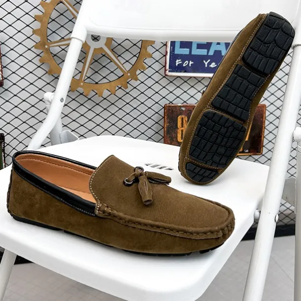 Men's Orange and Blue Suede Driving Loafers with Tassel Detail and Non-Slip Rubber Sole - Stylish and Comfortable for Casual and Driving Wear