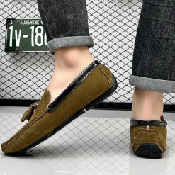 Men's Orange and Blue Suede Driving Loafers with Tassel Detail and Non-Slip Rubber Sole - Stylish and Comfortable for Casual and Driving Wear