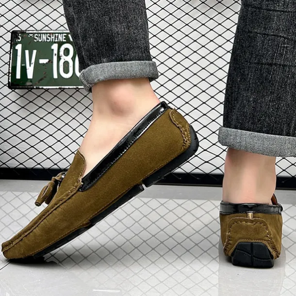 Men's Orange and Blue Suede Driving Loafers with Tassel Detail and Non-Slip Rubber Sole - Stylish and Comfortable for Casual and Driving Wear