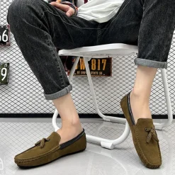 Men's Orange and Blue Suede Driving Loafers with Tassel Detail and Non-Slip Rubber Sole - Stylish and Comfortable for Casual and Driving Wear