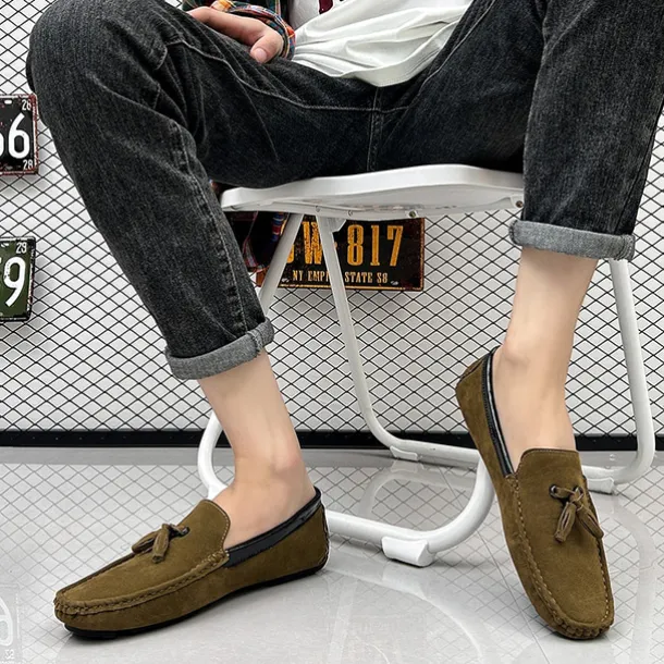 Men's Orange and Blue Suede Driving Loafers with Tassel Detail and Non-Slip Rubber Sole - Stylish and Comfortable for Casual and Driving Wear