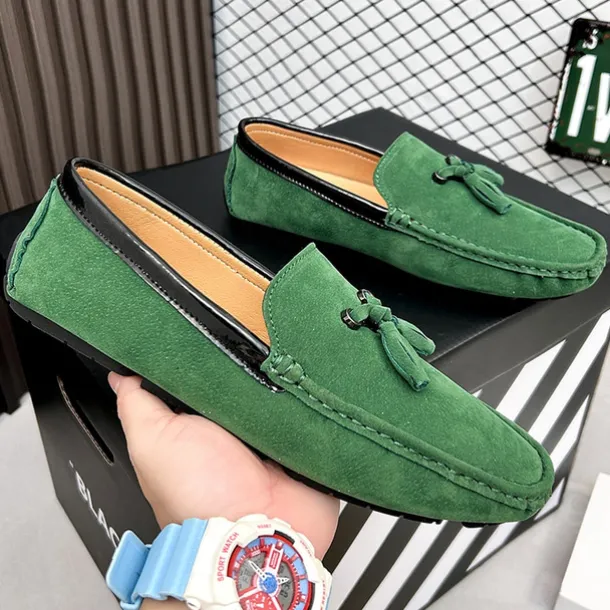 Men's Orange and Blue Suede Driving Loafers with Tassel Detail and Non-Slip Rubber Sole - Stylish and Comfortable for Casual and Driving Wear