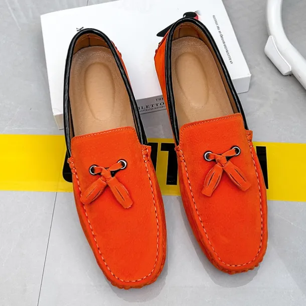 Men's Orange and Blue Suede Driving Loafers with Tassel Detail and Non-Slip Rubber Sole - Stylish and Comfortable for Casual and Driving Wear