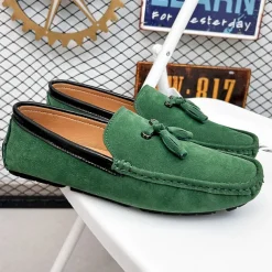 Men's Orange and Blue Suede Driving Loafers with Tassel Detail and Non-Slip Rubber Sole - Stylish and Comfortable for Casual and Driving Wear