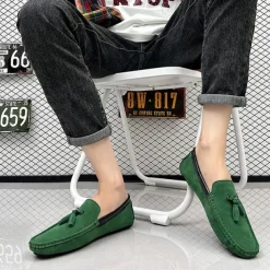 Men's Orange and Blue Suede Driving Loafers with Tassel Detail and Non-Slip Rubber Sole - Stylish and Comfortable for Casual and Driving Wear