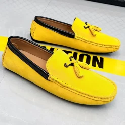 Men's Orange and Blue Suede Driving Loafers with Tassel Detail and Non-Slip Rubber Sole - Stylish and Comfortable for Casual and Driving Wear