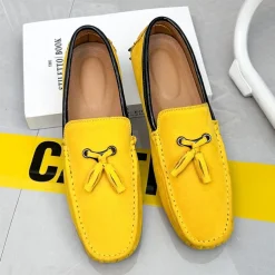 Men's Orange and Blue Suede Driving Loafers with Tassel Detail and Non-Slip Rubber Sole - Stylish and Comfortable for Casual and Driving Wear