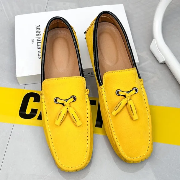 Men's Orange and Blue Suede Driving Loafers with Tassel Detail and Non-Slip Rubber Sole - Stylish and Comfortable for Casual and Driving Wear
