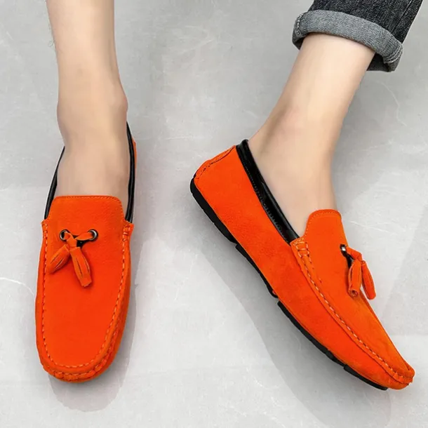 Men's Orange and Blue Suede Driving Loafers with Tassel Detail and Non-Slip Rubber Sole - Stylish and Comfortable for Casual and Driving Wear