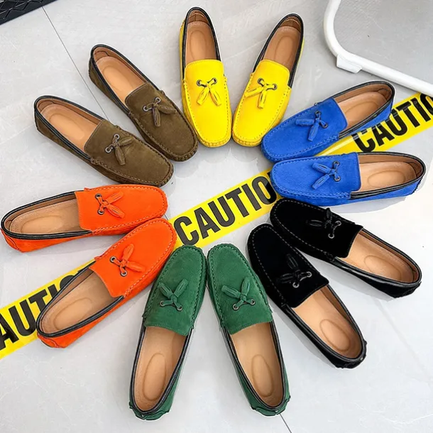 Men's Orange and Blue Suede Driving Loafers with Tassel Detail and Non-Slip Rubber Sole - Stylish and Comfortable for Casual and Driving Wear