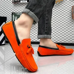 Men's Orange and Blue Suede Driving Loafers with Tassel Detail and Non-Slip Rubber Sole - Stylish and Comfortable for Casual and Driving Wear