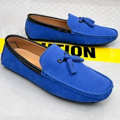 Men's Orange and Blue Suede Driving Loafers with Tassel Detail and Non-Slip Rubber Sole - Stylish and Comfortable for Casual and Driving Wear