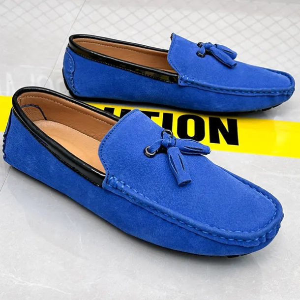 Men's Orange and Blue Suede Driving Loafers with Tassel Detail and Non-Slip Rubber Sole - Stylish and Comfortable for Casual and Driving Wear