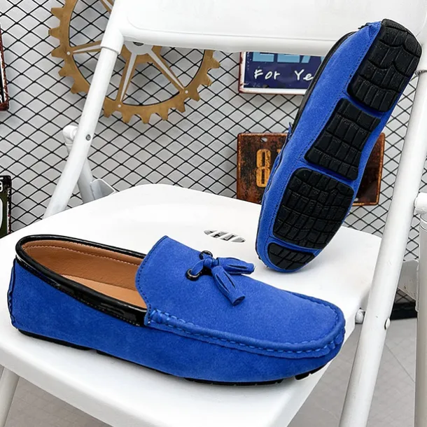 Men's Orange and Blue Suede Driving Loafers with Tassel Detail and Non-Slip Rubber Sole - Stylish and Comfortable for Casual and Driving Wear