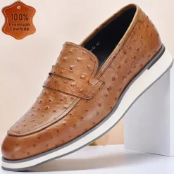 Men's Ostrich Pattern Leather Loafers - Premium Cowhide Slip-On Dress Shoes for Formal and Casual Wear
