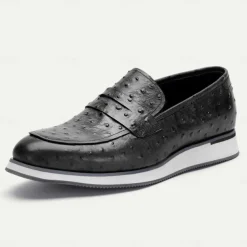 Men's Ostrich Pattern Leather Loafers - Premium Cowhide Slip-On Dress Shoes for Formal and Casual Wear
