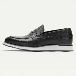 Men's Ostrich Pattern Leather Loafers - Premium Cowhide Slip-On Dress Shoes for Formal and Casual Wear