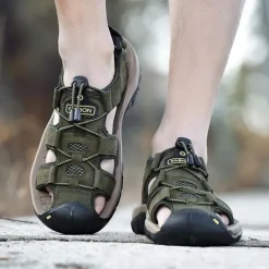 Men's Outdoor Beach Sandals, Genuine Leather with Velcro Closure, Breathable and Comfortable